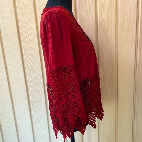 Stylish Brick Red Blouse with Lace Sleeves and Waist - Picture 8 of 15